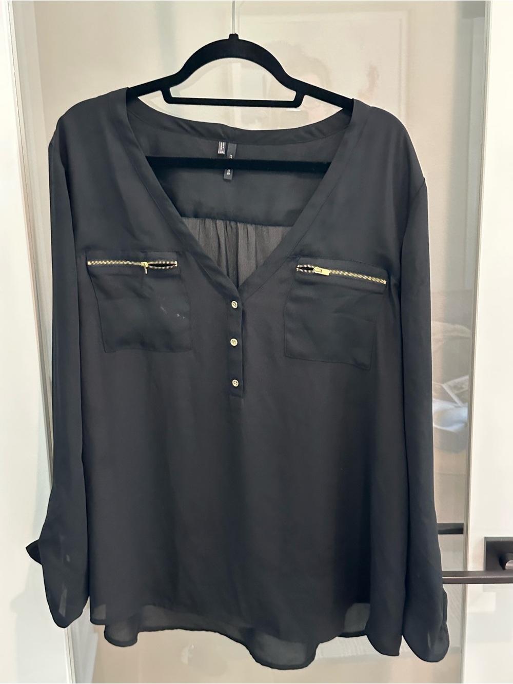 Maurices Black V-Neck Blouse with Gold Zipper Pockets